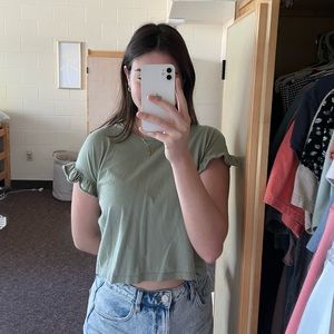 ZARA Green Ruffle Sleeve Tee